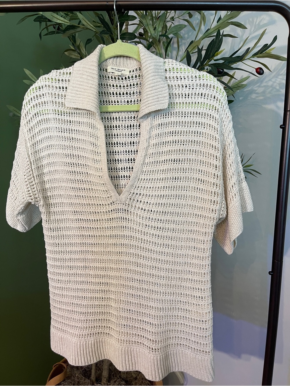 Max Studio Cream Open-Knit V-Neck Polo Sweater
